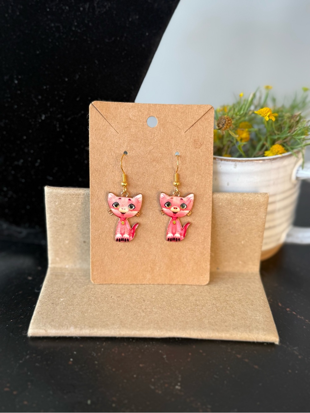 Pink Cat Dangle Earrings for Kids - Cute Kid Accessory